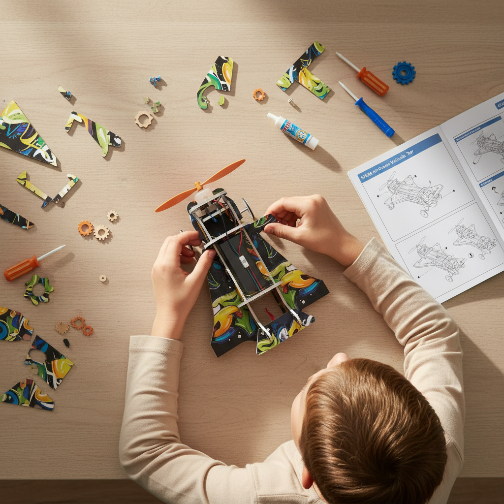 Child assembling air-powered vehicle from overhead view