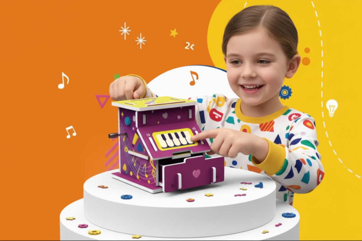 Joyful child playing with STEM Musical Learning Music Box
