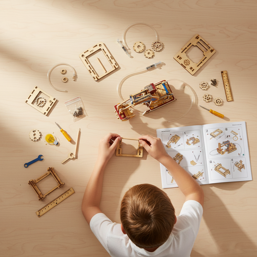 Child assembling hydraulic excavator from overhead view